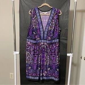 Studio I 24W Purple and Black Paisley Midi Dress Sleeveless Summer Party